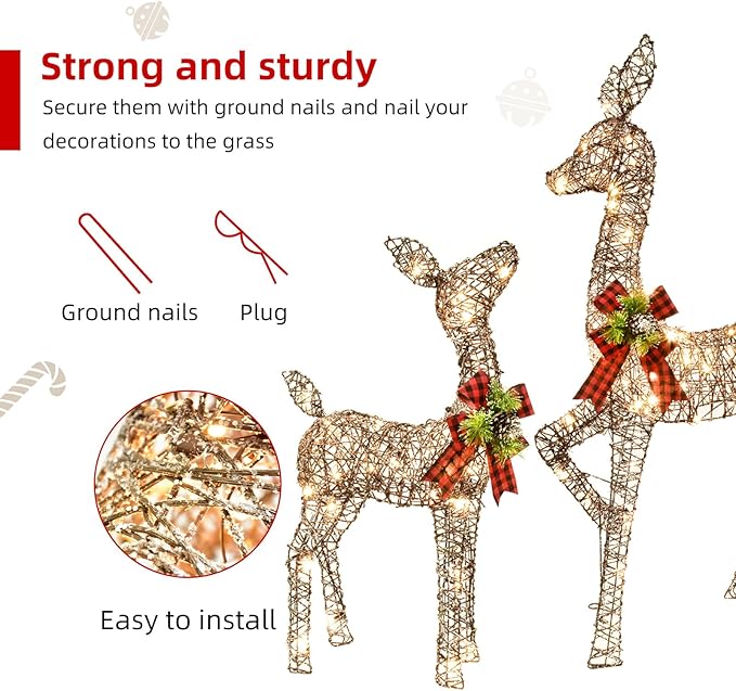 Christmas Decorations Outdoors Reindeer Family - Light up Christmas Decor Brown Deer 3 Piece with LED Lights, Extension Cord, Ground Stakes, for Outdoor Front Yard Porch - Brown