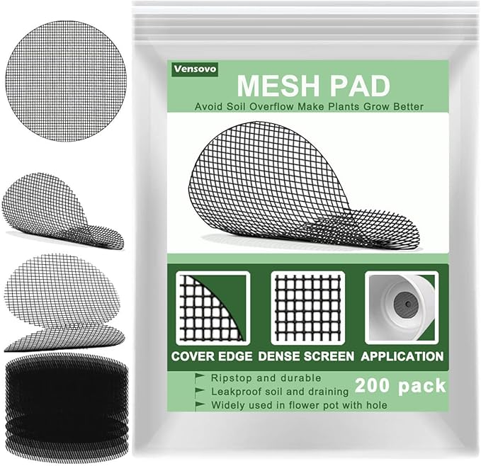 vensovo 200 Pcs Bonsai Pot Bottom Grid Mat Mesh Pad - 2 Inch Plant Pot Screen Gasket with Hot Melt Edge, Rounds Drainage Hole Keep Soil from Flowing Away