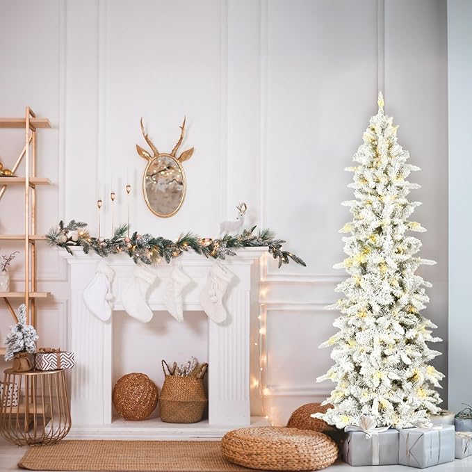 Fraser Hill Farm 6.5-Ft. Slim Mountain Pine Flocked Artificial Christmas Tree with Warm White LED Lights and Stand, Prelit Foldable Fake Tree with Realistic Snowy Foliage for Home Decoration