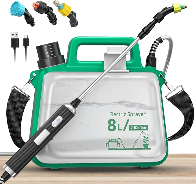 Battery Powered Sprayer 2.1 Gallon,2025 New Electric Garden Sprayer with USB Rechargeable Handle,3 Mist Nozzles, Retractable Wand, Adjustable Shoulder Strap,Weed Sprayers in Lawn & Garden