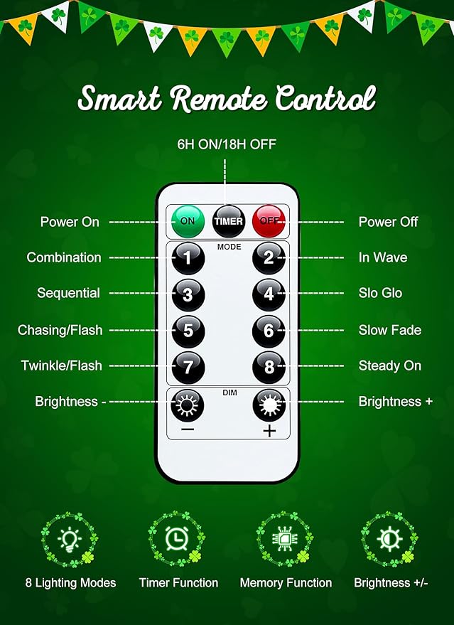 Minetom St. Patrick's Day Green String Lights - 39 Feet 100 LED Mini Green Lights with Remote, USB Operated Waterproof Tree Lights for Indoor Outdoor Garland Wreath Home Garden Holiday Party Decor