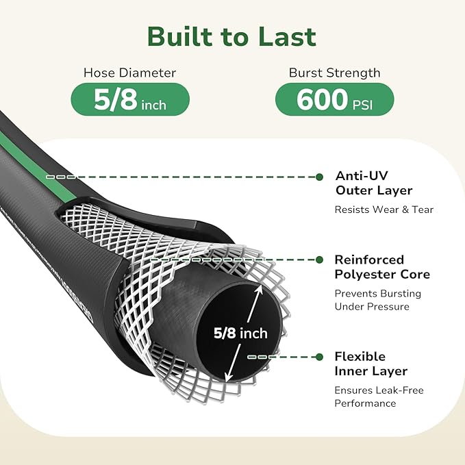 GreatBuddy 100 ft Garden Hose 5/8", Less Kink Heavy Duty Water Hose, Durable & Flexible Hose for Outdoor, Lawn, Car Washing, Pet Bathing and Household