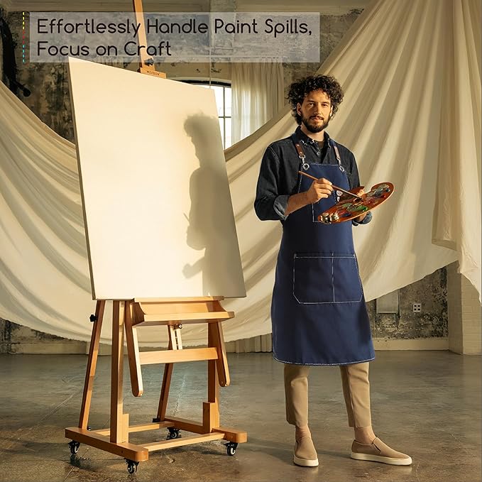 MEEDEN Painting Apron for Men Women: Adjustable Cross Back Waterproof Polyester Canvas Art Apron with 3 Pockets - Artist Apron for Acrylic Oil & Watercolor Painting, Gardening, Cooking - Navy