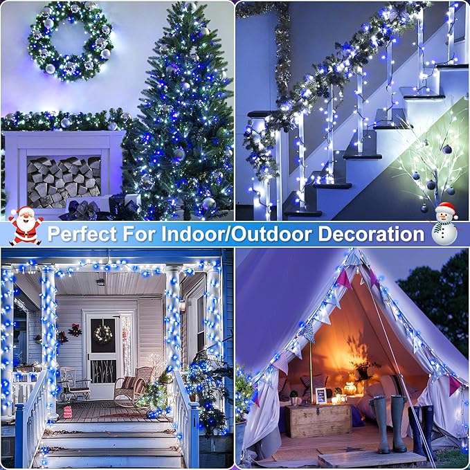 Christmas Lights Outdoor, 66FT 200 LED Christmas Tree Lights with 8 Modes Waterproof, Green Wire Plug in String Light for Indoor Patio Garden Xmas Party Wedding Holiday Decor, Blue White