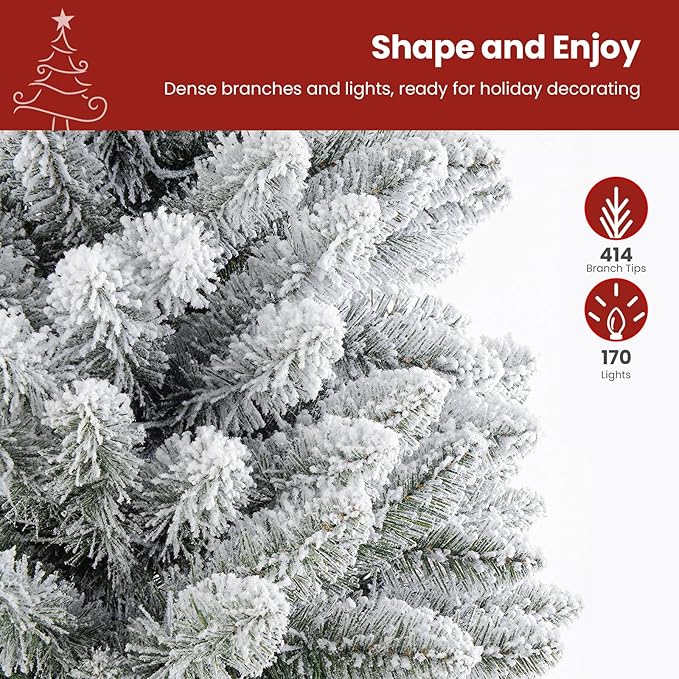 SHareconn 4ft Pre-Lit Flocked Spruce Artificial Hinged Christmas Tree with Remote, Timer and 170 Warm White & Multi-Color Lights, 414 Branch Tips, Perfect Choice for Xmas Decoration, 4 FT, White