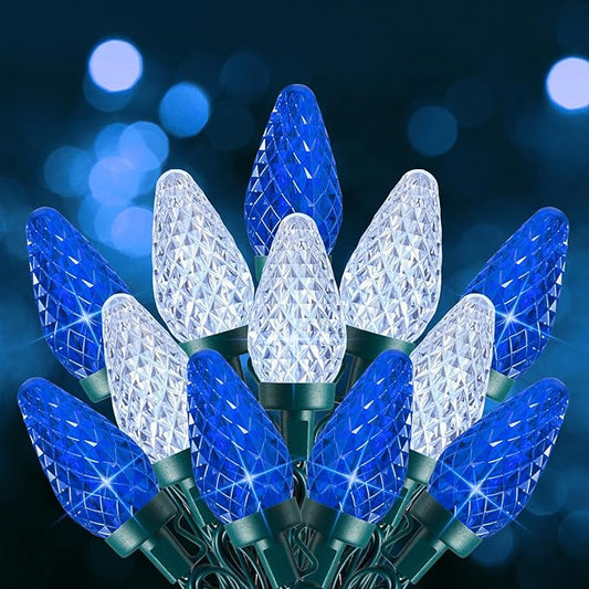 C9 Christmas Lights Outdoor, 100 FT 150 LED Connectable C9 String Lights with 8 Modes and Timer Xmas Tree Patio Roofline Garden Yard Holiday Party Indoor Outdoor Decoration, Blue and White