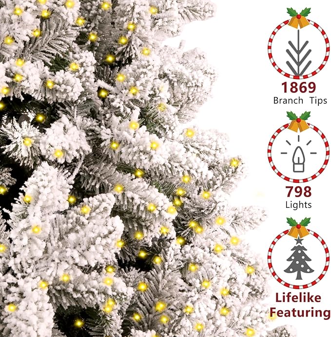 7.5ft Snow Flocked Christmas Tree Pre-lit with 798 Warm & Multi-Color Automatic Lights Christmas Tree with 1869 PVC Branch Tips Xmas Tree for Holiday Home Decor
