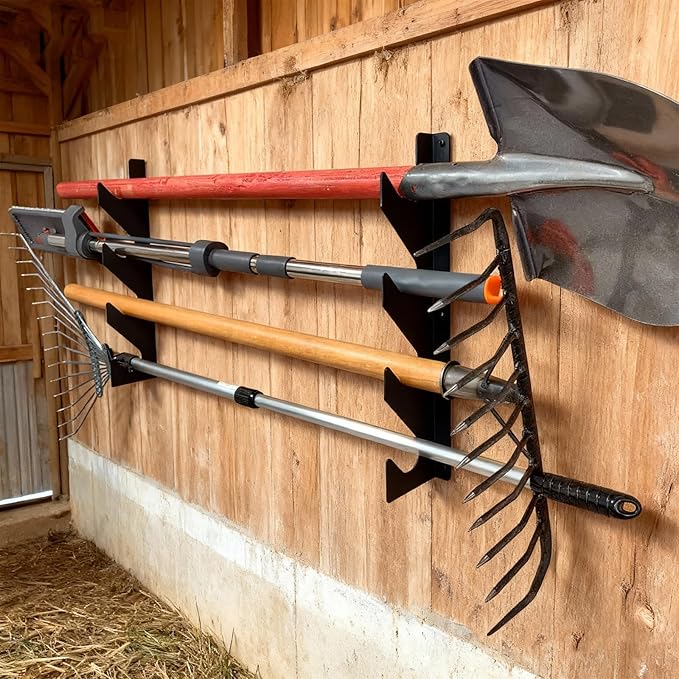 Wall Mount Garden Storage Tool Organizer, Heavy Duty Shed Tool Organizer for Shovels and Rakes, Tool Rack for Garage Organization & Storage, Holds 150 lbs Black