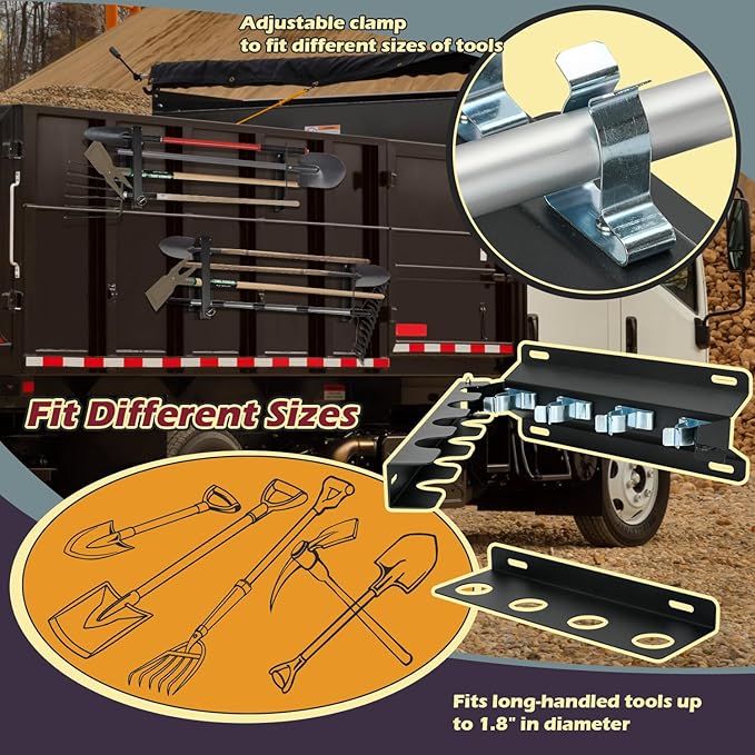 TOPOWN 4-Hole Heavy Duty Shovel Holder for Truck Bed with Double Fixation, Adjustable Landscape Tool Rack Truck Bed Mount for Shovels, Tool Holder for Rakes, Garden Tools, Farm Tools (Bed & Box Mount)