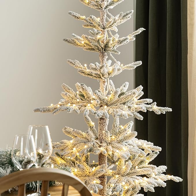 Glitzhome Prelit Christmas Tree, 6ft Flocked Artificial Christmas Tree Serene Snowscape Fir with 300 Warm White Lights for Home, Office, Party Decoration, Metal Hinges & Base, Easy Assembly