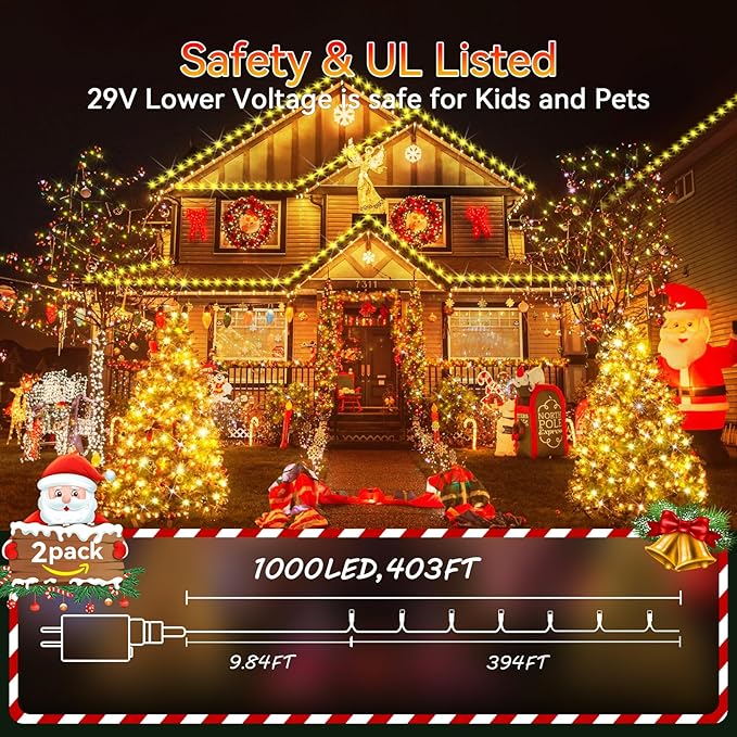 Hezbjiti 2 Pack 1000 LED 403 FT Christmas String Lights Outdoor, 8 Lighting Modes IP44 Waterproof Fairy Lights with Timer and Dimmable Function for Party Tree Decorations (Warm White, Clear Wire)
