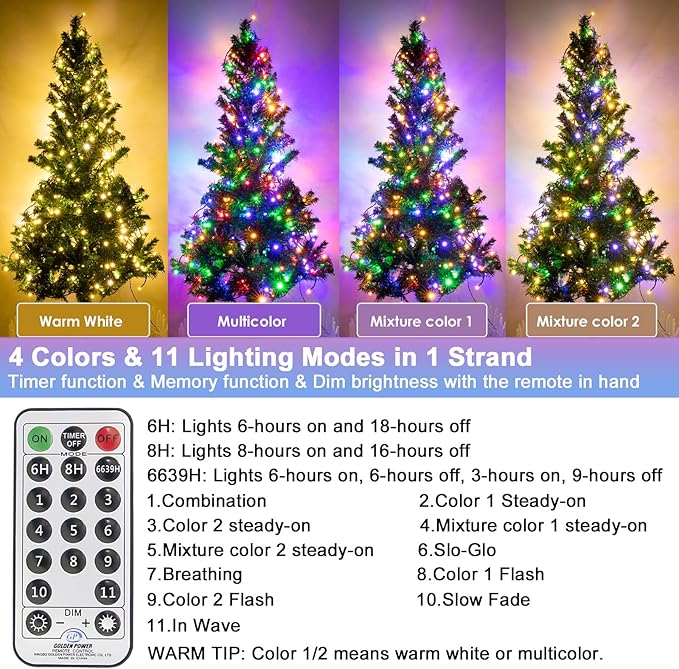 Decute 300LED Christmas Tree Lights Outdoor Indoor String Lights 108FT Extendable, 11 Modes 4 Colors Changing Waterproof Twinkle Fairy Lights Party Decor with Timer Remote(Warm White & 3 Multicolors)