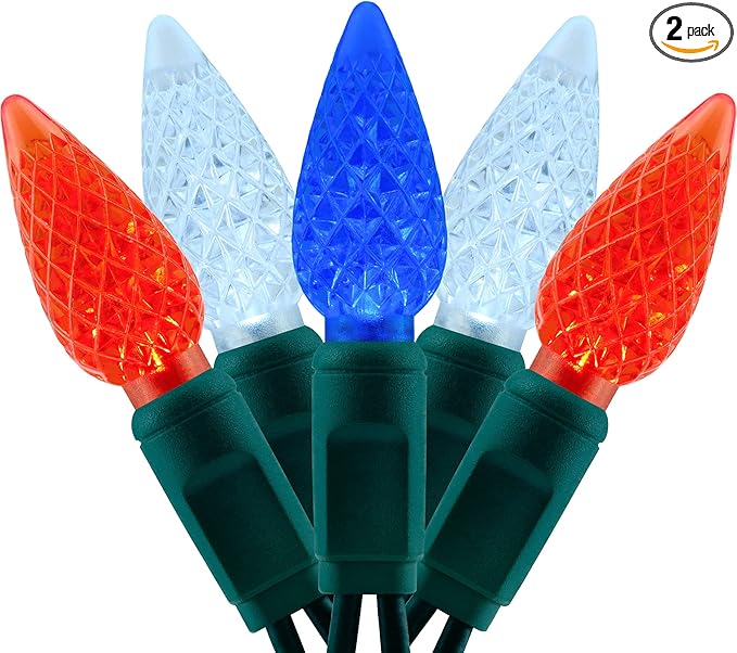 YULETIME Red White Blue One-Piece C6 Strawberry Christmas Lights 140 Count 71 Feet, 2 Sets 70 LED 35.5 ft High Waterproof UL Certified String Light (Red, White & Blue)