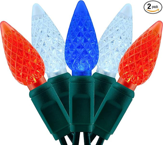 YULETIME Red White Blue One-Piece C6 Strawberry Christmas Lights 140 Count 71 Feet, 2 Sets 70 LED 35.5 ft High Waterproof UL Certified String Light (Red, White & Blue)