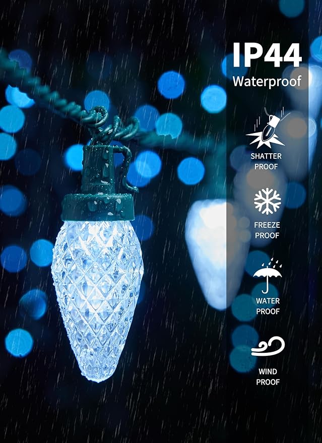 C9 LED Christmas Lights Outdoor, 81 Feet 100 LED String Light with Timer & 8 Lighting Mode, Waterproof Commercial Grade Christmas Tree Lights for Outside Indoor Roofline Patio, Pure White|2 Pack