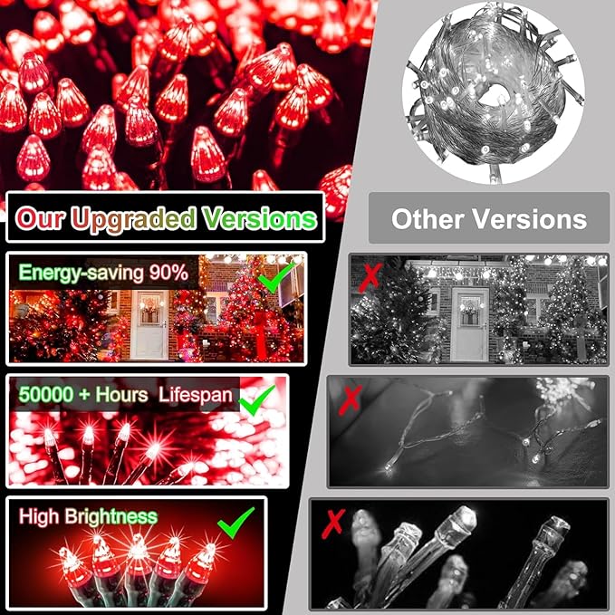 340 LED 90FT Christmas String Lights Outdoor, 12 Pro Modes and Timer Memory & Brightness, Plug in Waterproof Dark Green Wire Twinkle Light for for Xmas Yard Tree Wedding Party Decor (Red)