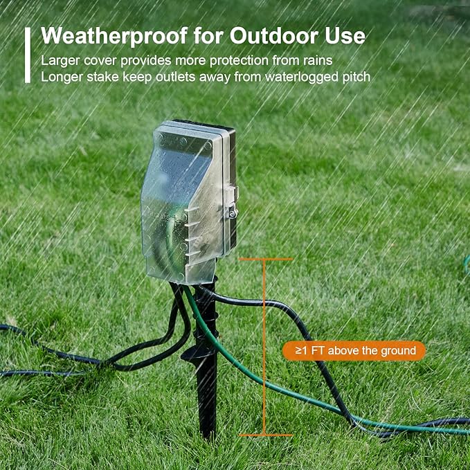 SURAIELEC Outdoor Power Stake Light Timer, Dusk to Dawn, 6 Electrical Outlet Power Strip Weatherproof, 6FT Extension Cord Multiple Outlet for Patio Lights, Sprinkler, Garden, Christmas Decorations