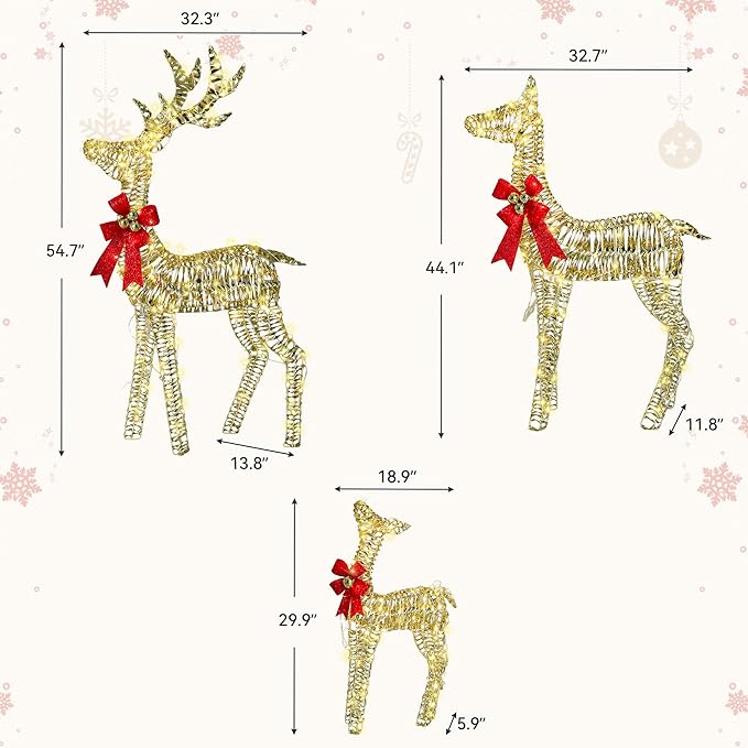 3-Piece Large Christmas Deer Outdoor Decorations, 4.5ft Lighted Reindeer Family Set Christmas Yard Decor, Light Up Reindeer Christmas Decor with 350 LEDs, Stakes, Zip Ties, Unique Gold Rattan
