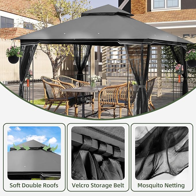 ECOTOUGE Outdoor Gazebo 10'x10', Heavy Duty Canopy Tent with Soft Double Roofs & Metal Corner Frame Shelves, Party Tent Shelter with Mosquito Netting for Patio, Deck, Backyard, Grey
