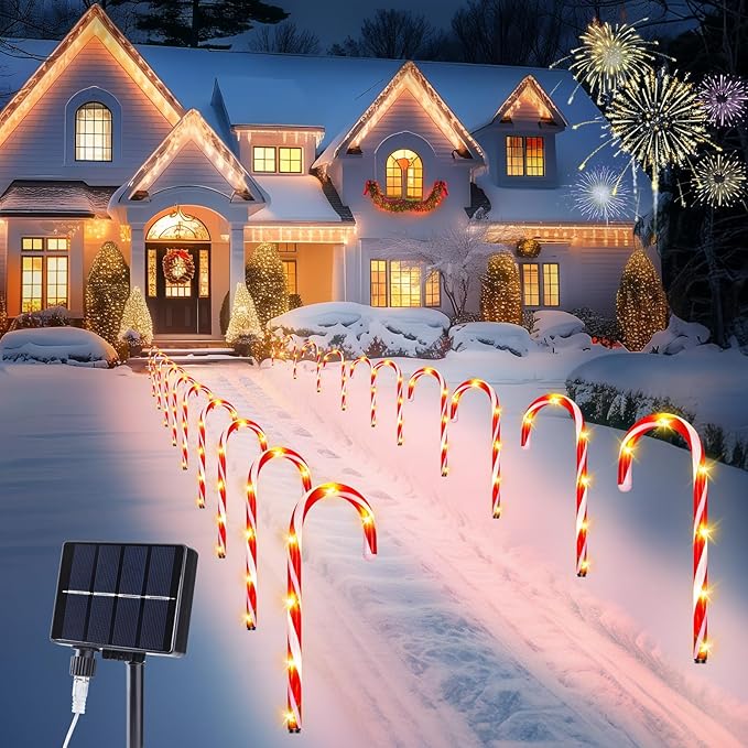 Brightown 20 Packs Solar Candy Cane Lights Outdoor Pathway, 8 Modes LED Outdoor Candy Cane Decorations Yard Lawn Driveway Walkway Sidewalk Christmas Decorations Outside