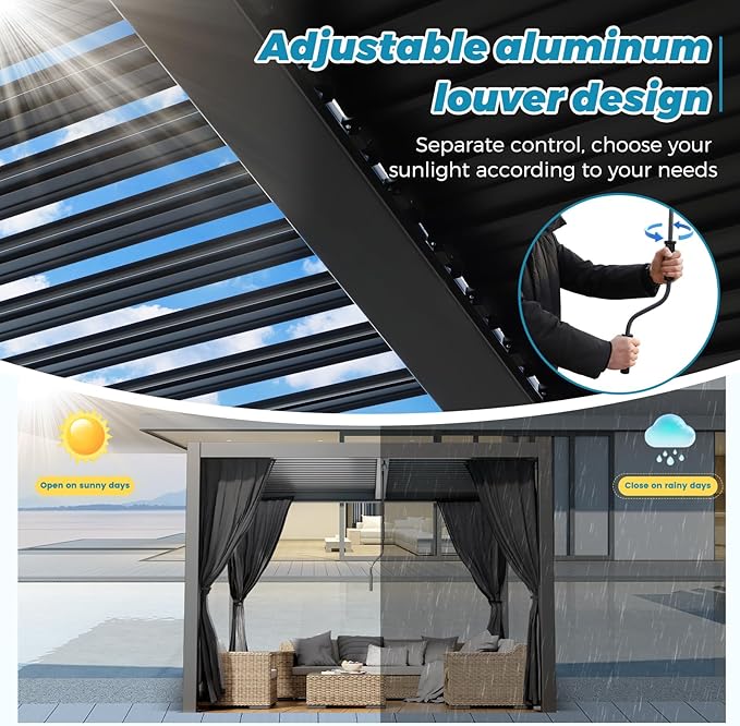 LVUYOYO Outdoor Louvered Pergola 10' x 10', Aluminum Pergola with Adjustable Roof, Waterproof Metal Gazebo with Curtains and Netting for Patio, Backyard, Garden, Deck (Black)