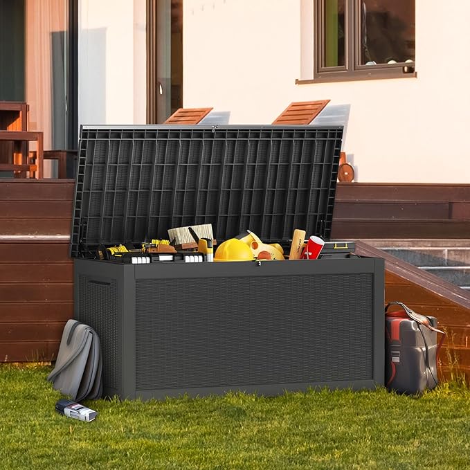 320 Gallon Waterproof Black Deck Box, Lockable Resin Storage Box for Patio Furniture Cushions Garden Tools and Outdoor Delivery Storage