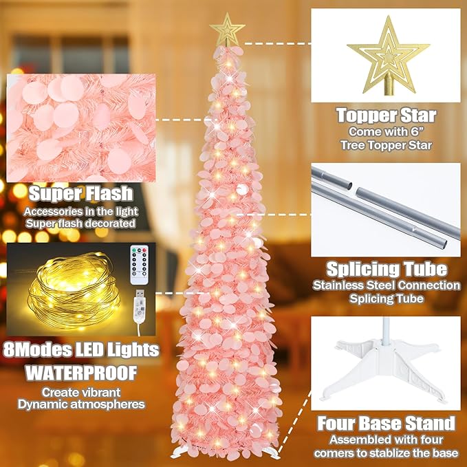 HMASYO 6 FT Pop Up Christmas Tree with 100 LED Lights & Remote, Pink Christmas Tinsel Tree, Collapsible Artificial Pencil Tree for Home Office Party Decor, USB Powered Timer Lights, Easy Assembly