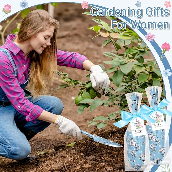 Capoda 12 Sets Floral Garden Shovels Bulk Gardening Gift for Women Mini Garden Tools Heavy Duty Floral Hand Trowels Thank You Cards with Gift Bags for Mom Birthday Teacher Employee (Blue,Bright)
