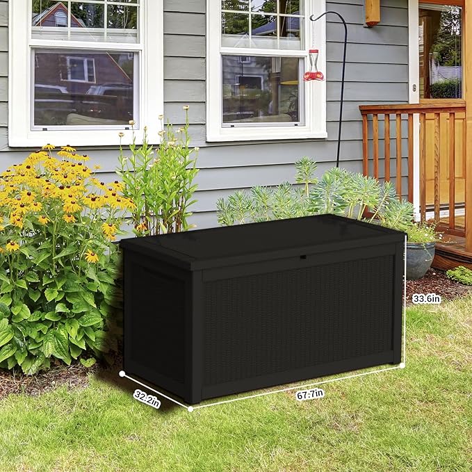DRATO 260 Gallon Deck Box, Outdoor Large Waterproof Resin Storage Box with Lockable Lid for Patio Cushions, Gardening Tools, Black