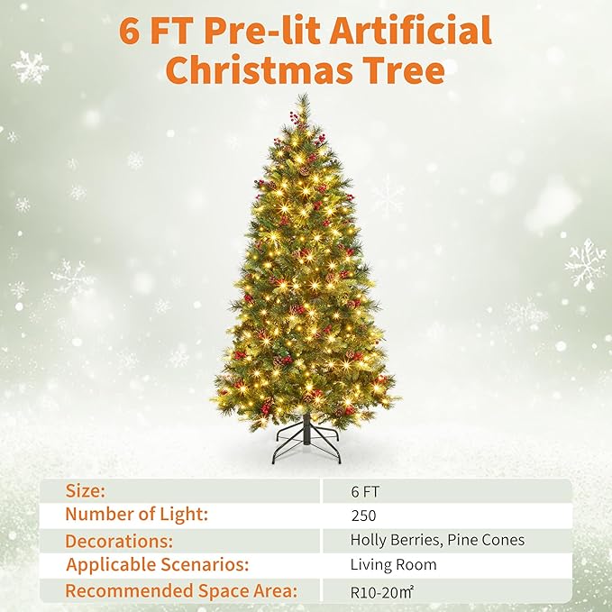 6 FT Pre-Lit Artificial Christmas Tree, Norway Spruce, 250 Warm White Light, Automatic Hinge Expansion, Artificial Christmas Pencil Tree with Pine Cones, Holly Berries & Stand, Green