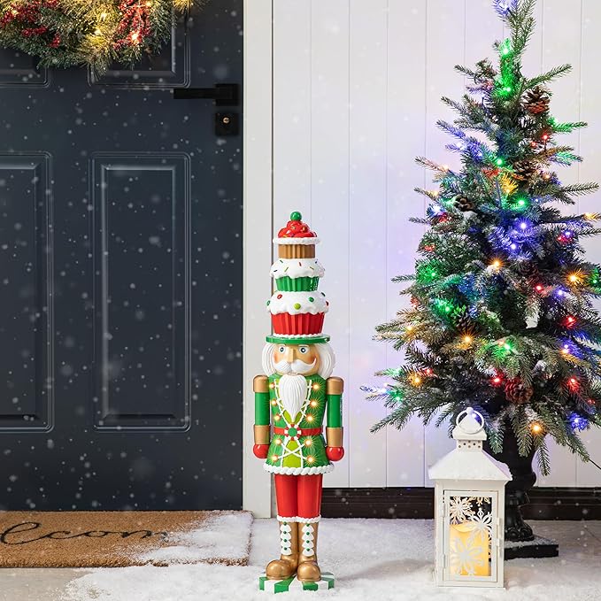 Glitzhome 28''H Lighted Resin Christmas Nutcracker with Cupcake Hat Porch Decor with Timer, Xmas Winter Patio Front Porch Indoor Outdoor Home Standing Decor