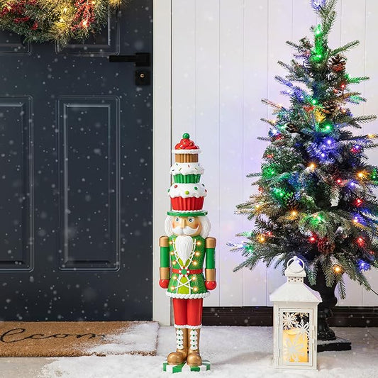 Glitzhome 28''H Lighted Resin Christmas Nutcracker with Cupcake Hat Porch Decor with Timer, Xmas Winter Patio Front Porch Indoor Outdoor Home Standing Decor