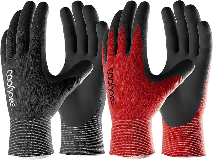 COOLJOB Gardening Gloves for Men, 6 Pairs Breathable Rubber Coated for Garden Weeding Landscaping, Outside Work for Lawn Yard, Men's Medium Size, Black & Red