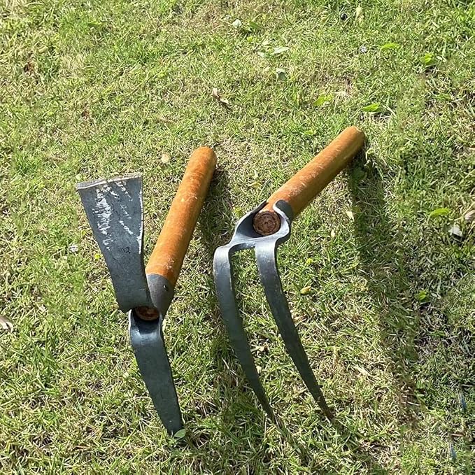 2PCS 19.6 Inches Garden Pick, 2 Prong Hand Hoe Tool Set Garden Tool with Wooden Handle, Transplanting Digging Planting Loose Soil Camping or Prospecting
