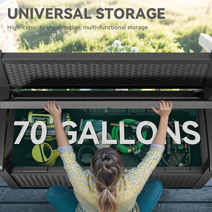 YITAHOME 70 Gallon Deck Bench with Storage, Outdoor Storage Box Bench with Armrests for Patio Garden Pool Porch, Waterproof&Lockable, Black