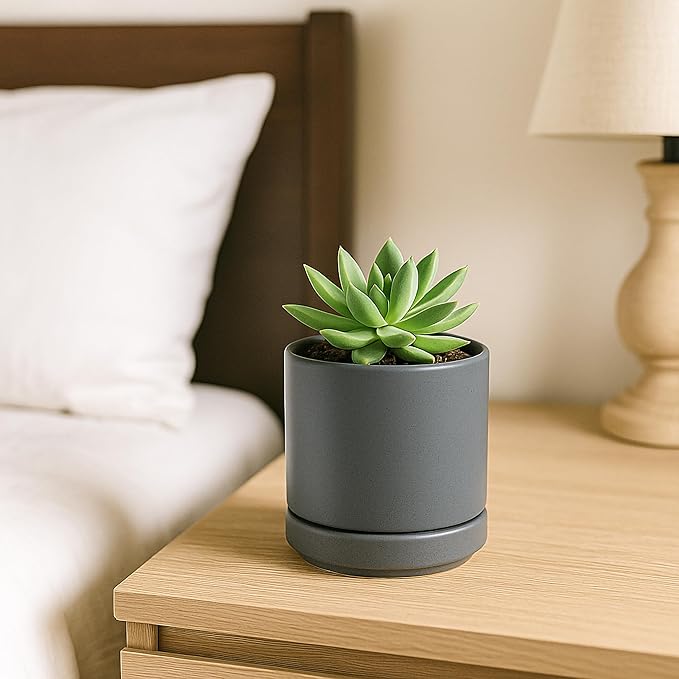 D'vine Dev Set of 3 Plants Pots, 3.5 Inch Ceramic Planter Pot for Plants with Drainage Hole and Saucer, Speckled Grey, 94-N-A-3