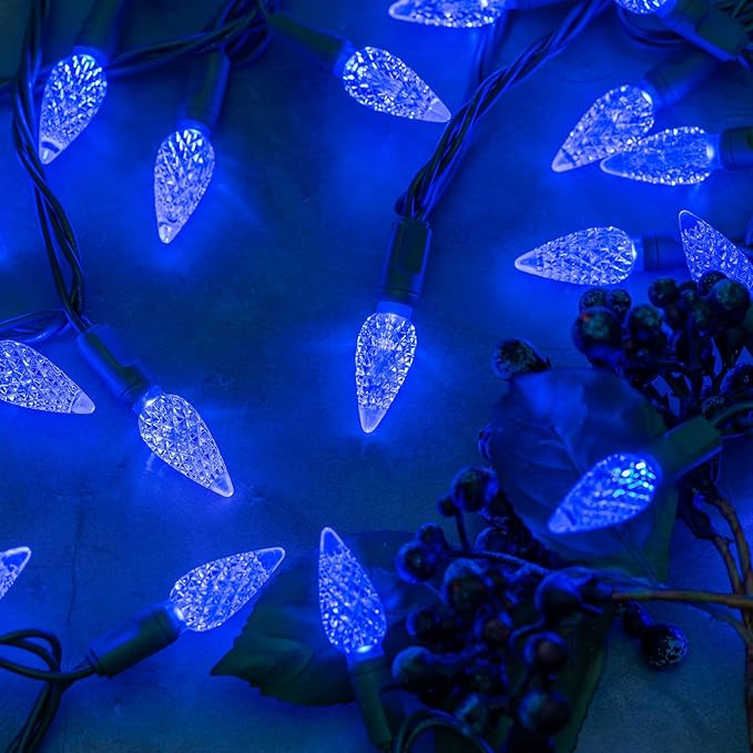 YULETIME Blue One-Piece C6 Strawberry Christmas Lights 140 Count 71 Feet, 2 Sets 70 LED 35.5 ft High Waterproof UL Certified String Light (Blue)