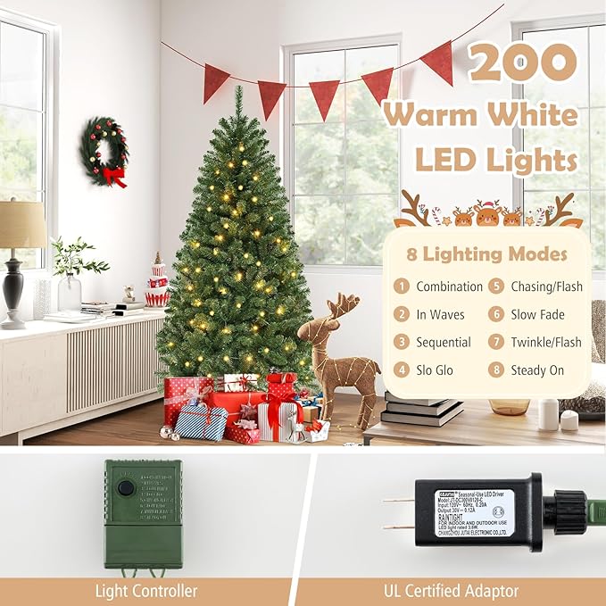 GOFLAME 6FT Prelit Artificial Christmas Tree, Hinged Xmas Tree with 568 Branch Tips, 200 Warm White LED Lights, 8 Lighting Modes, Holiday Decoration Tree for Home Office Party