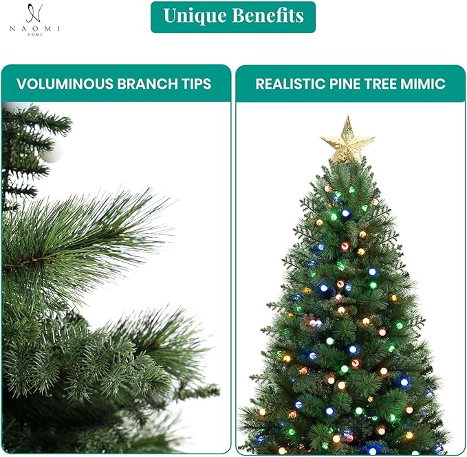 Evangeline 6.5ft Rotating Christmas Tree with Star Projector, 1024 Branch Tips, 380 Warm Lights and Rotating Base, 45" Wide Realistic Traditional Christmas Tree with Lights by Naomi Home