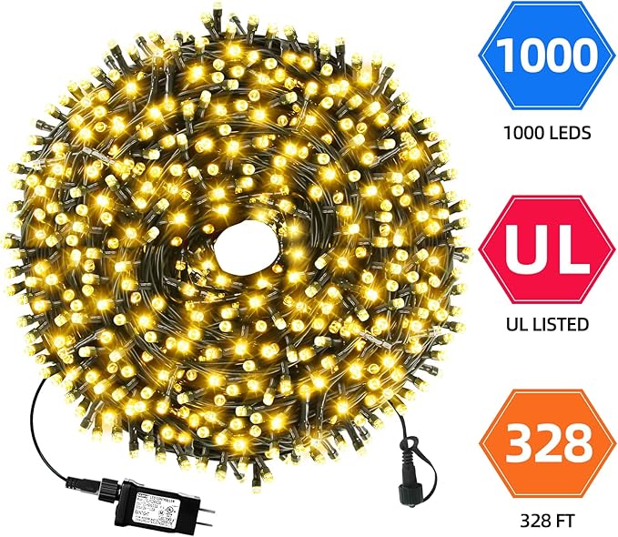 328FT 1000LEDs Christmas Lights Outdoor Indoor 8 Modes for Christmas Tree Party Decoration, 100% UL Listed (Warm White)