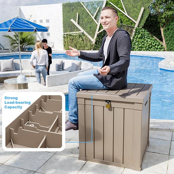 DRATO 50 Gallon Deck Box, Outdoor Storage Box for Patio Cushion, Garden Tools, Waterproof Patio Storage box, Lockable (Light Brown)