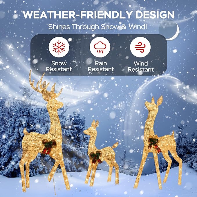 Outdoor Reindeer Family Christmas Decor, 3-Piece Large Golden Deers (Buck/Doe/Fawn) Holiday Xmas Lawn Decorations, with 300 Warm White LED Lights, Prefect for Yard, Garden