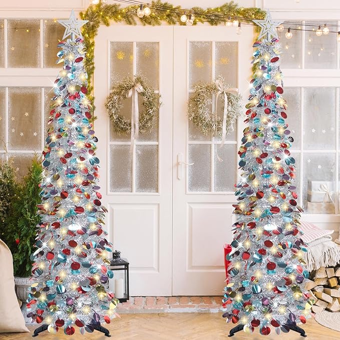 HMASYO 5 FT Pop Up Christmas Tree with Timer Lights, Silver Christmas Tinsel Tree, Collapsible Artificial Pencil Christmas Tree for Indoor Home Apartment Porch Holiday Party Decorations