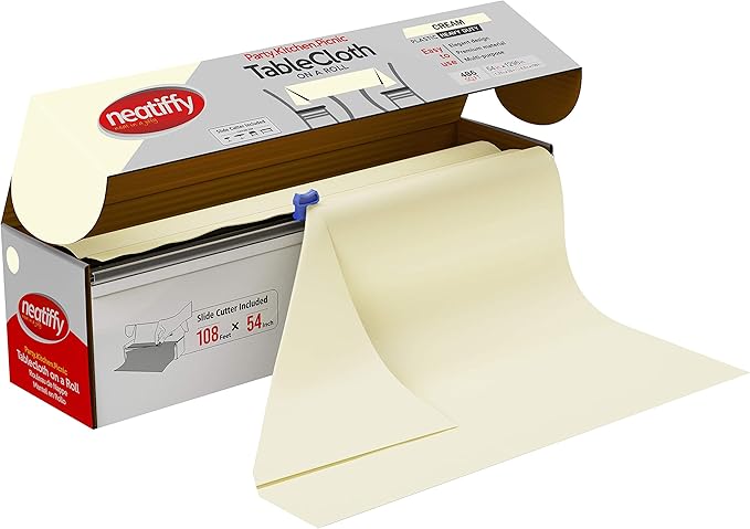 Neatiffy Disposable Plastic Table Cloth Roll | 54 in x 108 Ft Waterproof Tablecloth | Table Cover for Rectangle, Square, Round Oval Tables | Picnic, Party, Banquet, Birthdays, Weddings - Ivory