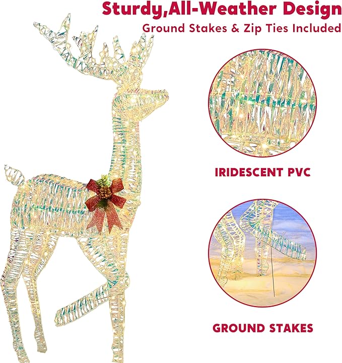 JOIEDOMI 3 Pcs Christmas Iridescent Reindeer Family Set Yard Light Decorations, 360 LED Warm White Lights with Metal Stakes for Indoor Outdoor Garden Holiday Décor, Christmas Eve Night Décor