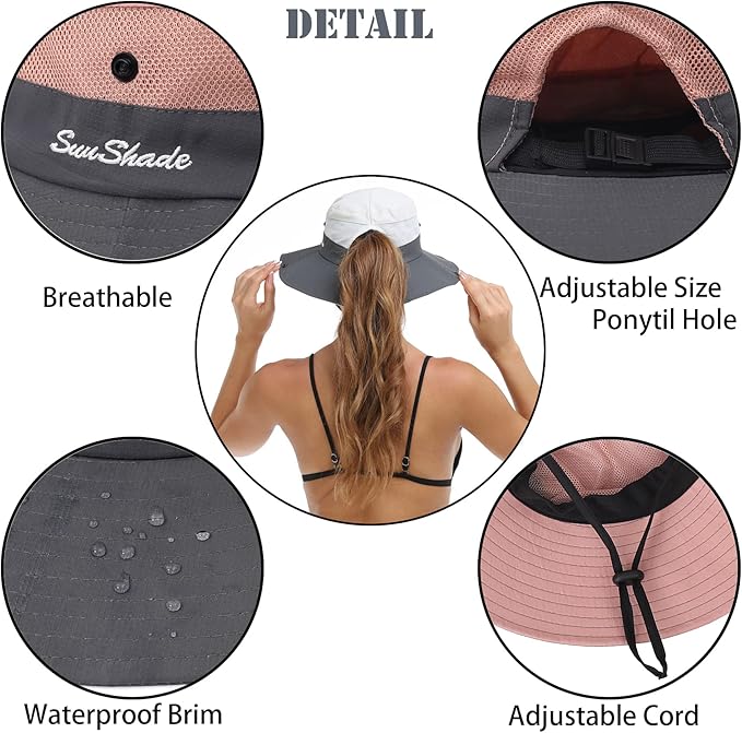 Womens Summer Sun Hat Beach Hat Wide Brim Outdoor UV Protection Hat Foldable Cool Mesh Ponytail Bucket Hat