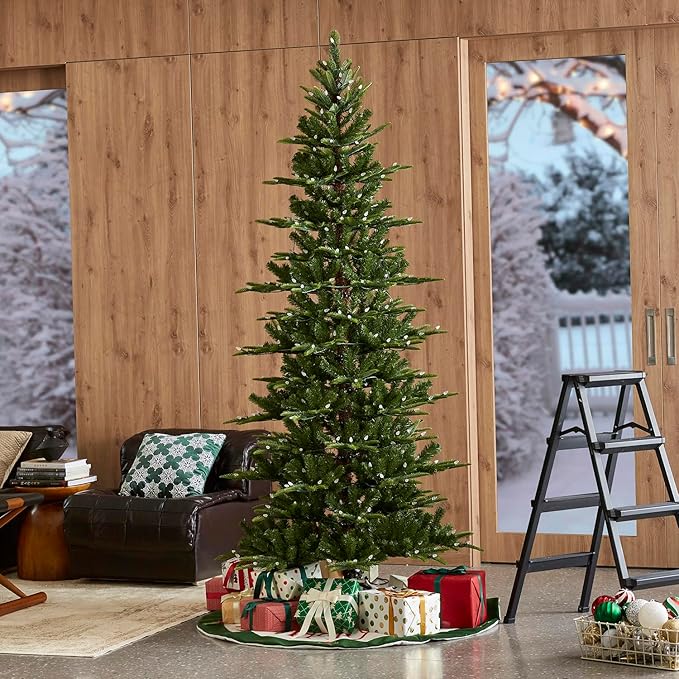 Glitzhome 7.5ft Pre-Lit Green Fir Christmas Tree, Cascade Evergreen Slim Artificial Holiday Christmas Tree with with 350 Strawberry Lights,9 Functional Warm White/Multi-Color, Remote Controller