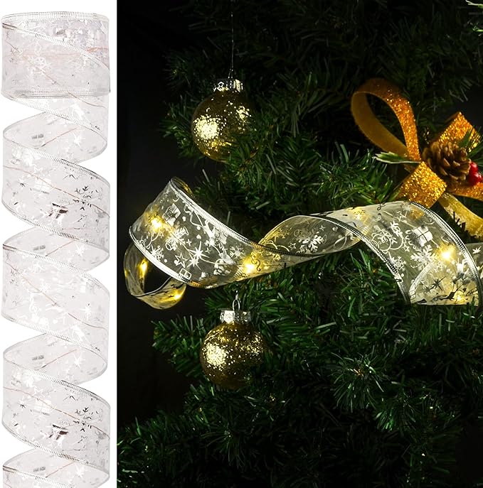 Christmas Decorations, 2.5Inch x 33Ft 100 Led Christmas Tree Ribbon Lights with Remote Control, Battery Operated & USB Powered 8 Lighting Modes Fairy String Lights with Timer for Xmas Decor