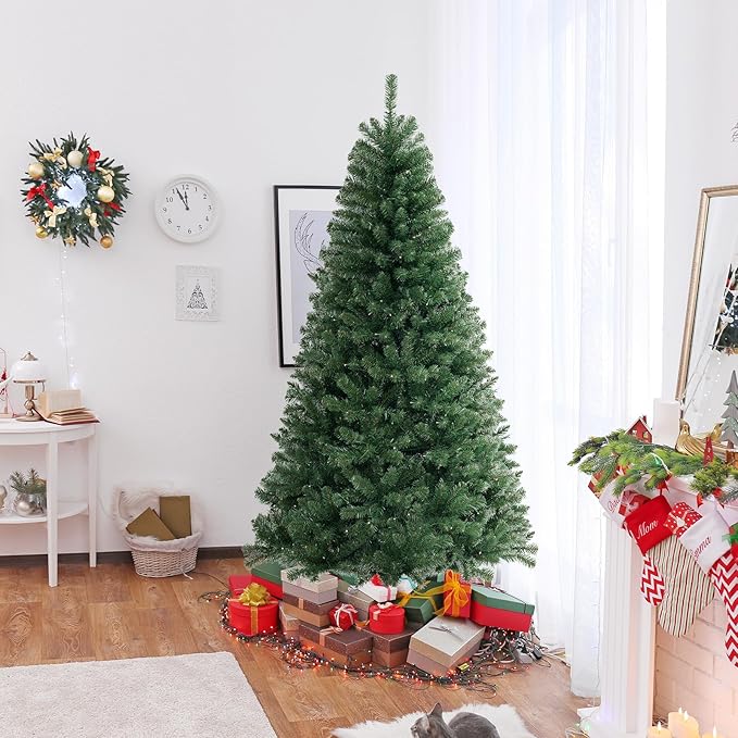 GOFLAME 7FT Prelit Artificial Christmas Tree, Hinged Xmas Tree with 830 Branch Tips, 250 Warm White LED Lights, 8 Lighting Modes, Holiday Decoration Tree for Home Office Party