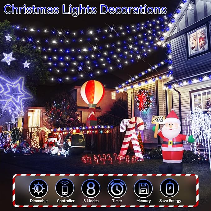 Hezbjiti 1000 LED 403 FT Christmas String Lights Outdoor, 8 Lighting Modes IP44 Waterproof Fairy Lights with Timer and Dimmable Function for Home Party Tree Decorations (Blue+White, Clear Wire)